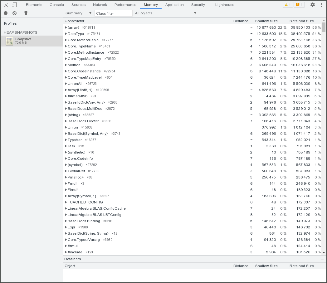 A heap snapshot in chrome devtools