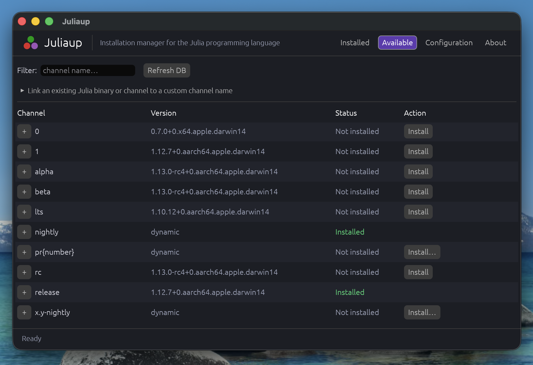 The Juliaup GUI's Available tab, listing channels that can be installed